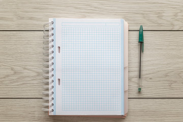 Libreta con cuadrícula y un boligráfo sobre escritorio de madera
