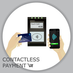 Contactless payment transaction touch card with display and pinpad. Hand holding smartphone and credit card.  Wireless payment. POS terminal, MSR, EMV, NFC. Wi fi sign.