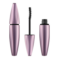 A mascara tube and wand applicator. Cosmetic bottle with eyelash brush. Isolated on white background. 3d realistic   illustration. Good for web design, banners, posters, ad, advertising.