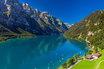 Klontalersee lake in canton Glarus, Switzerland, Europe.