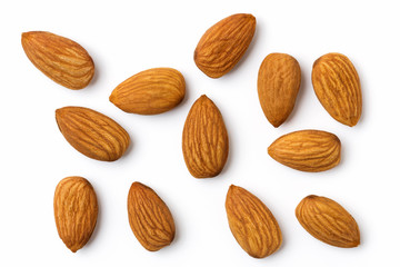 Top view of almonds isolated on white background.