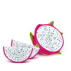 Red dragon fruit, whole fruit and half. Tropical fruits for healthy lifestyle. Realistic 3d Design Element For Web Or Print Packaging.