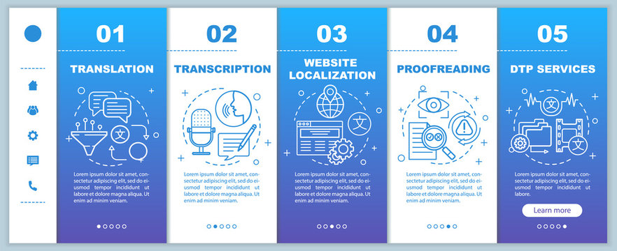 Text Services Onboarding Mobile Web Pages Vector Template. Translation. Responsive Smartphone Website Interface Idea With Linear Illustrations. Webpage Walkthrough Step Screens. Color Concept