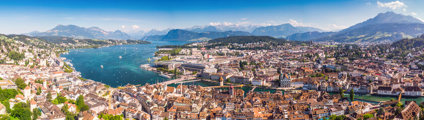 Historic city center of Lucerne with famous Chapel Bridge and lake Lucerne,  Switzerland