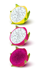 Red yellow dragon fruit, whole fruit and half. Tropical fruits for healthy lifestyle. Realistic 3d Design Element For Web Or Print Packaging.