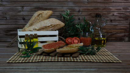 Spanish and Andalusian breakfast, toast, serrano ham and tomato