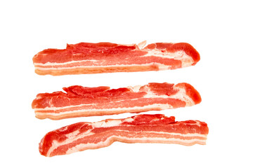 Panceta thin slices of raw pork on white background.