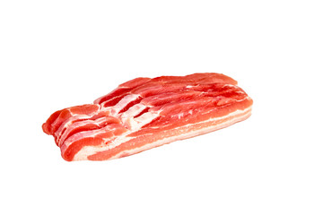 Panceta thin slices of raw pork on white background.