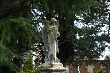 Sad angel sculpture on a cemetery