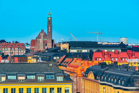 Aerial view of rooftops in Stockholm with engelbrektskyrkan church, Sweden
