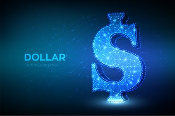 Dollar. Low poly abstract mash line and point United States Dollar sign. USD currency icon. American currency. Cash and money, wealth, payment symbol. 3D polygonal vector illustration.