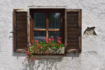 Fototapeta na wymiar Old weathered window of an old farmhouse in the countryside surrounded by old facade with crumbling plaster and a box with geraniums in front of the window in Bavaria