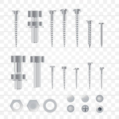 Set of 3d realistic metal screws, stainless steel bolts, nuts, rivets and nails isolated on a transparent background. 