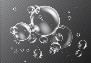 Realistic white water bubbles with reflection on transparent background. 