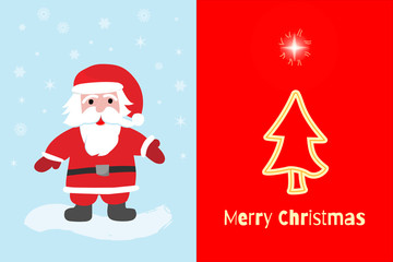 Santa Claus with big signboard. Merry Christmas and Happy New Year Holiday greeting card. Isolated vector illustration.