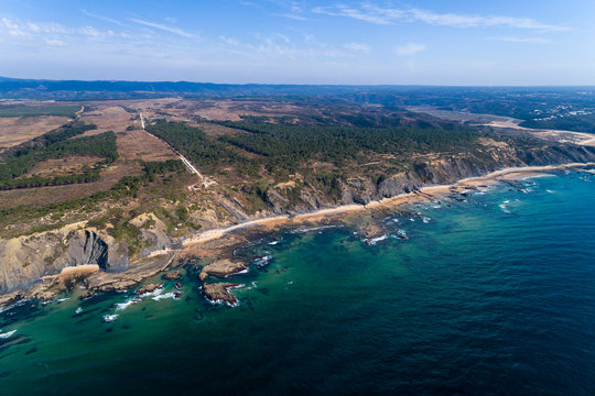 Aerial view of the Carreagem Beach and coastline in Aljezur, Algarve;