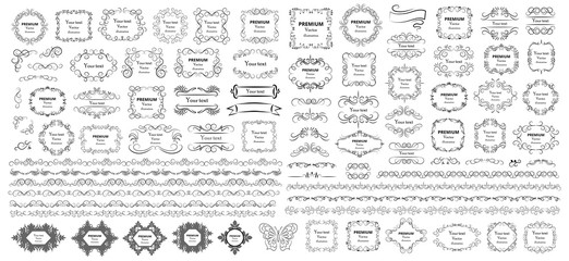 Calligraphic design elements . Decorative swirls or scrolls, vintage frames , flourishes, labels and dividers. Retro vector illustration.