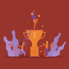 Competition winner flat vector concept people celebrate around big trophy for first place. Illustration For Wallpaper, Banner, Background, Infographic, Book Illustration, And Web Landing Page.