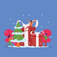 Christmas celebration flat vector concept people happy around big christmas gift. Illustration For Wallpaper, Banner, Background, Infographic, Book Illustration, And Web Landing Page.