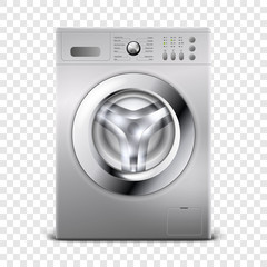 Vector 3d Realistic Modern Silver Steel Closed Washing Machine Icon Closeup Isolated on Transparent Background. Design Template of Wacher. Front View, Laundry Concept
