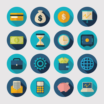 Money Piggy Bank Calculator Clock Currency Finance Icons Flat Design