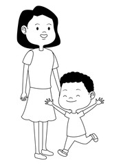 Family single mother with children cartoon in black and white