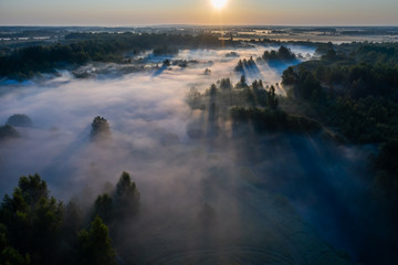 Aerial view of the forest, field and river covered with layers of thick morning fog
