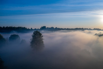 Aerial view of the forest, field and river covered with layers of thick morning fog