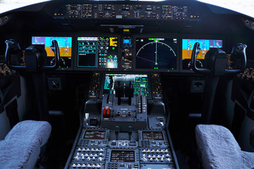Cockpit of a widebody commercial aircraft