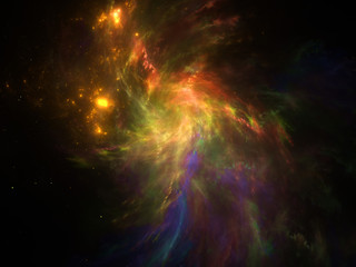 Fototapeta premium Nebula and galaxies in infinite space - starfield, stars and space dust scattered throughout a vast universe. Swirling black hole, burst of light from birth of stars, illustration, cosmic artwork.