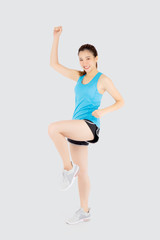Beautiful portrait young asian woman in sport clothes cheerful with satisfied and confident isolated on white background, asia girl have shape and wellness, exercise for fit with health concept.