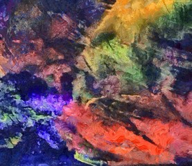 Close up oil paint abstract background. Art textured brushstrokes in macro. Part of painting. Old style artwork. Dirty watercolor texture. Modern pattern. Chaotic splashes. Multi-colors design.