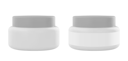 White plastic jar with cap and lable. Realistic vector cosmetic mockup. Design template.