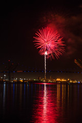 Pre holiday fireworks over the Vincent Thomas Bridge in San Pedro, CA 