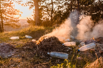 Fototapeta na wymiar A pile of burning leaves next to a bunch of bottles in the forest.
