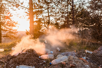 A load of burning leaves next to a bunch of bottles in the forest.