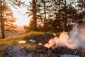 A bundle of burning leaves next to a bunch of plastic bottles in the forest.