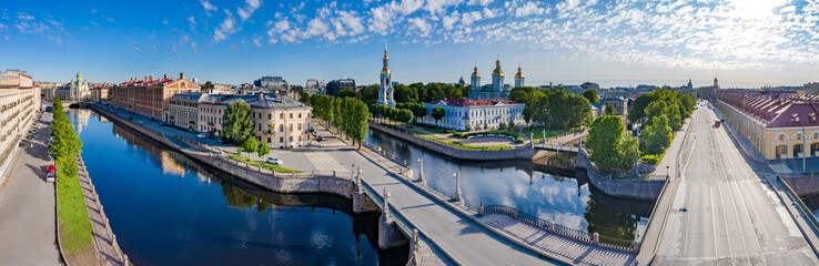 Panorama of St.-Petersburg on a summer day. Channels SPb. View of the city center from a height. Russia. The bridge over the Kryukov canal. St. Nicholas Naval Cathedral in St. Petersburg.