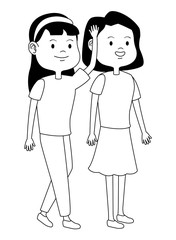 Teenagers friends smiling and greeting cartoons in black and white