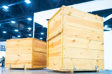 Wooden boxes in the warehouse. Boxes out of wood for packing industrial machinery. Warehousing....