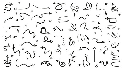 Infographic elements on isolated white background. Hand drawn simple arrows. Black and white illustration