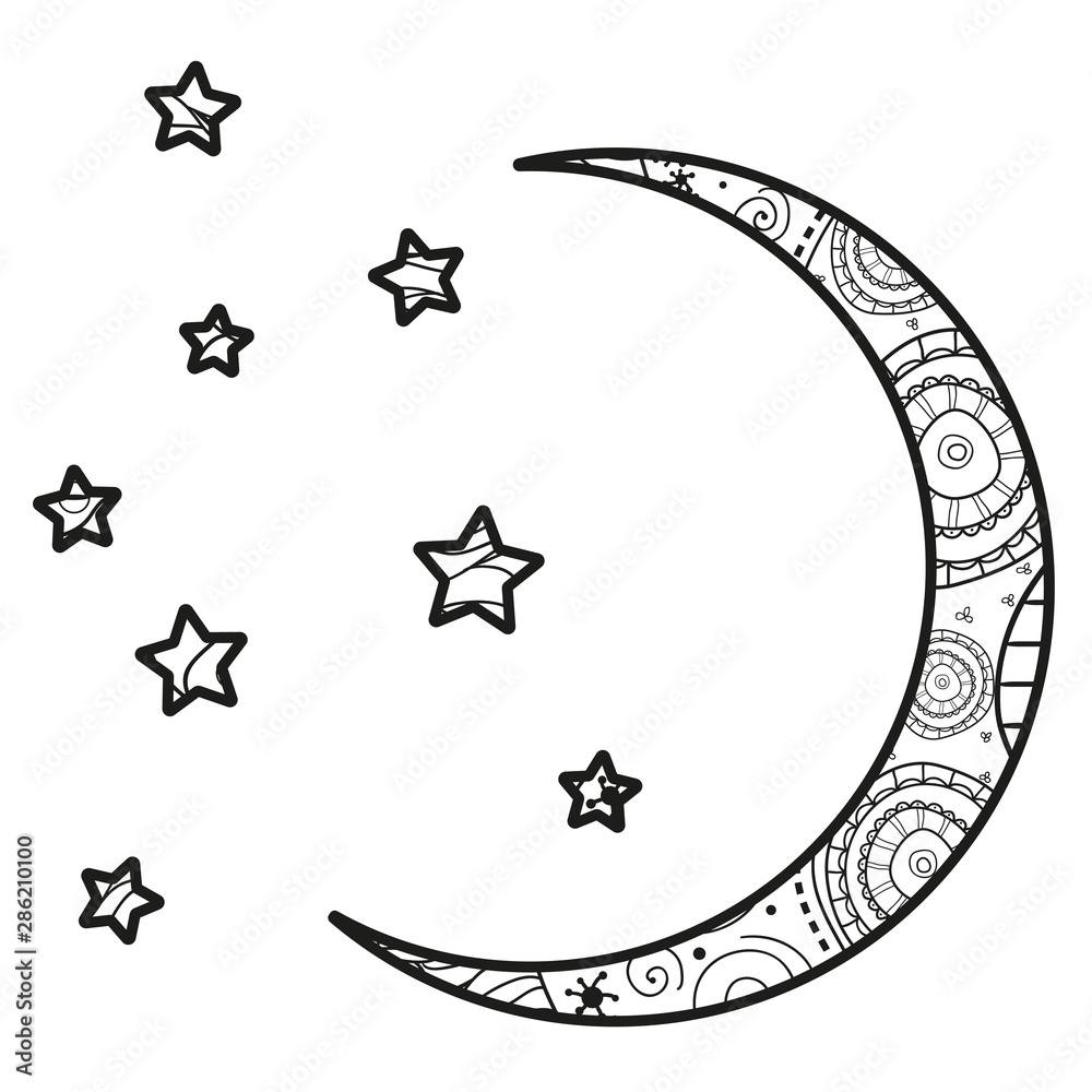 Sticker crescent moon with stars with abstract patterns on isolation background. design for spiritual relaxa