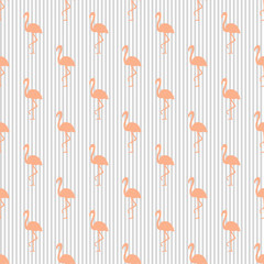 Seamless stripe wallpaper with flamingos. Cartoon birds. Print for your design. Colorful illustration
