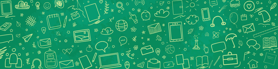 Back to school. Set of different signs. Abstract blackboard. Sketchy background with hand drawn school supplies. Banner design. Doodle for your business