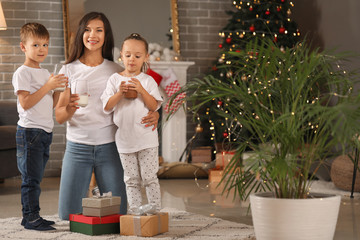 Woman and her little children drinking milk and hot chocolate at home on Christmas eve