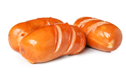 Tasty grilled sausages on white background