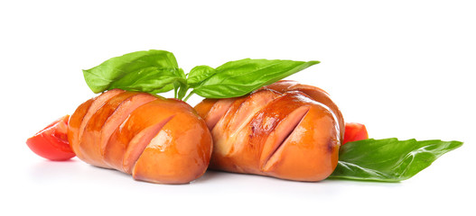 Tasty grilled sausages on white background