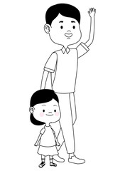 Sungle father with children cartoons in black and white