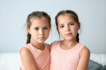 Portrait of cute twin girls on light background