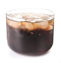 Glass of cold cola on white background